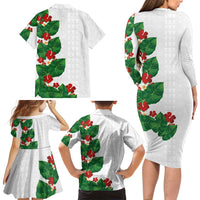 Hawaiian Taro Leaves-Hibiscus and Plumeria Family Matching Long Sleeve Bodycon Dress and Hawaiian Shirt Polynesian Art-Kakau Tattoo White