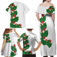 Hawaiian Taro Leaves-Hibiscus and Plumeria Family Matching Off Shoulder Maxi Dress and Hawaiian Shirt Polynesian Art-Kakau Tattoo White
