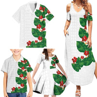 Hawaiian Taro Leaves-Hibiscus and Plumeria Family Matching Summer Maxi Dress and Hawaiian Shirt Polynesian Art-Kakau Tattoo White