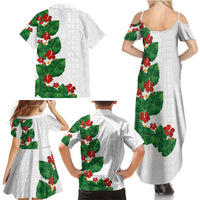 Hawaiian Taro Leaves-Hibiscus and Plumeria Family Matching Summer Maxi Dress and Hawaiian Shirt Polynesian Art-Kakau Tattoo White