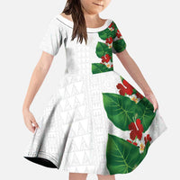 Hawaiian Taro Leaves-Hibiscus and Plumeria Family Matching Tank Maxi Dress and Hawaiian Shirt Polynesian Art-Kakau Tattoo White