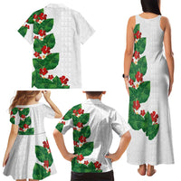 Hawaiian Taro Leaves-Hibiscus and Plumeria Family Matching Tank Maxi Dress and Hawaiian Shirt Polynesian Art-Kakau Tattoo White