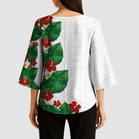 Hawaiian Taro Leaves-Hibiscus and Plumeria Kimono Sleeve Blouse Polynesian Art-Kakau Tattoo White