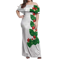 Hawaiian Taro Leaves-Hibiscus and Plumeria Off Shoulder Maxi Dress Polynesian Art-Kakau Tattoo White