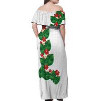 Hawaiian Taro Leaves-Hibiscus and Plumeria Off Shoulder Maxi Dress Polynesian Art-Kakau Tattoo White