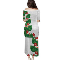 Hawaiian Taro Leaves-Hibiscus and Plumeria Puletasi Polynesian Art-Kakau Tattoo White