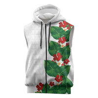 Hawaiian Taro Leaves-Hibiscus and Plumeria Sleeveless Zip Hoodie Polynesian Art-Kakau Tattoo White