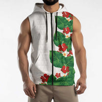 Hawaiian Taro Leaves-Hibiscus and Plumeria Sleeveless Zip Hoodie Polynesian Art-Kakau Tattoo White