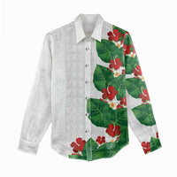 Hawaiian Taro Leaves-Hibiscus and Plumeria Women Casual Shirt Polynesian Art-Kakau Tattoo White