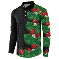 Hawaiian Taro Leaves-Hibiscus and Plumeria Button Sweatshirt Polynesian Art-Kakau Tattoo Black LT03 - Polynesian Pride