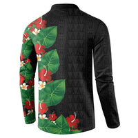 Hawaiian Taro Leaves-Hibiscus and Plumeria Button Sweatshirt Polynesian Art-Kakau Tattoo Black LT03 - Polynesian Pride