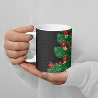 Hawaiian Taro Leaves-Hibiscus and Plumeria Ceramic Mug Polynesian Art-Kakau Tattoo Black