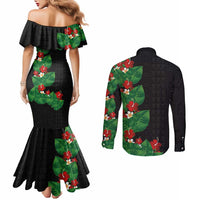 Hawaiian Taro Leaves-Hibiscus and Plumeria Couples Matching Mermaid Dress and Long Sleeve Button Shirt Polynesian Art-Kakau Tattoo Black
