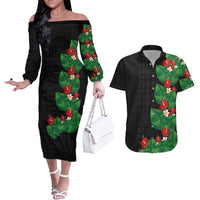 Hawaiian Taro Leaves-Hibiscus and Plumeria Couples Matching Off The Shoulder Long Sleeve Dress and Hawaiian Shirt Polynesian Art-Kakau Tattoo Black