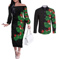 Hawaiian Taro Leaves-Hibiscus and Plumeria Couples Matching Off The Shoulder Long Sleeve Dress and Long Sleeve Button Shirt Polynesian Art-Kakau Tattoo Black
