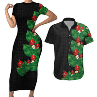 Hawaiian Taro Leaves-Hibiscus and Plumeria Couples Matching Short Sleeve Bodycon Dress and Hawaiian Shirt Polynesian Art-Kakau Tattoo Black