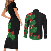 Hawaiian Taro Leaves-Hibiscus and Plumeria Couples Matching Short Sleeve Bodycon Dress and Long Sleeve Button Shirt Polynesian Art-Kakau Tattoo Black