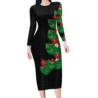 Hawaiian Taro Leaves-Hibiscus and Plumeria Family Matching Long Sleeve Bodycon Dress and Hawaiian Shirt Polynesian Art-Kakau Tattoo Black