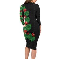 Hawaiian Taro Leaves-Hibiscus and Plumeria Family Matching Long Sleeve Bodycon Dress and Hawaiian Shirt Polynesian Art-Kakau Tattoo Black