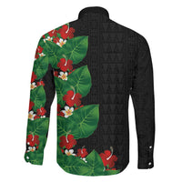 Hawaiian Taro Leaves-Hibiscus and Plumeria Family Matching Off Shoulder Short Dress and Hawaiian Shirt Polynesian Art-Kakau Tattoo Black