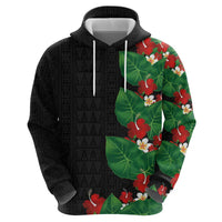Hawaiian Taro Leaves-Hibiscus and Plumeria Hoodie Polynesian Art-Kakau Tattoo Black