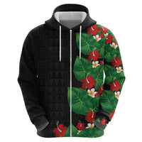 Hawaiian Taro Leaves-Hibiscus and Plumeria Hoodie Polynesian Art-Kakau Tattoo Black