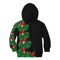 Hawaiian Taro Leaves-Hibiscus and Plumeria Kid Hoodie Polynesian Art-Kakau Tattoo Black