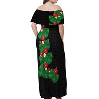 Hawaiian Taro Leaves-Hibiscus and Plumeria Off Shoulder Maxi Dress Polynesian Art-Kakau Tattoo Black