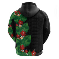 Hawaiian Taro Leaves-Hibiscus and Plumeria Zip Hoodie Polynesian Art-Kakau Tattoo Black