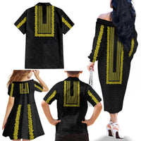 Philippines Polynesian Jasmine Pattern Family Matching Off The Shoulder Long Sleeve Dress and Hawaiian Shirt With Barong Tagalog Black Style