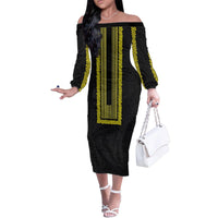 Philippines Polynesian Jasmine Pattern Family Matching Off The Shoulder Long Sleeve Dress and Hawaiian Shirt With Barong Tagalog Black Style
