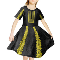 Philippines Polynesian Jasmine Pattern Kid Short Sleeve Dress With Barong Tagalog Black Style