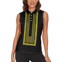 Philippines Polynesian Jasmine Pattern Women Sleeveless Polo Shirt With Barong Tagalog Black Style