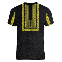 Philippines Polynesian Jasmine Pattern Women V-Neck T-Shirt With Barong Tagalog Black Style