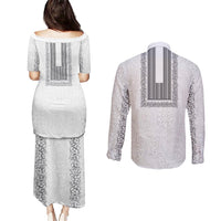 Philippines Polynesian Jasmine Pattern Couples Matching Puletasi and Long Sleeve Button Shirt With Barong Tagalog White Style