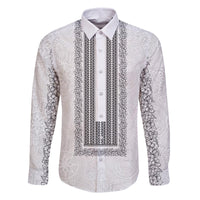 Philippines Polynesian Jasmine Pattern Family Matching Off The Shoulder Long Sleeve Dress and Hawaiian Shirt With Barong Tagalog White Style
