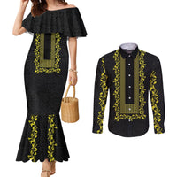 Philippines Polynesian Floral Pattern Couples Matching Mermaid Dress and Long Sleeve Button Shirt With Barong Tagalog Black Style