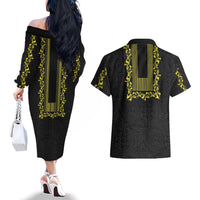 Philippines Polynesian Floral Pattern Couples Matching Off The Shoulder Long Sleeve Dress and Hawaiian Shirt With Barong Tagalog Black Style