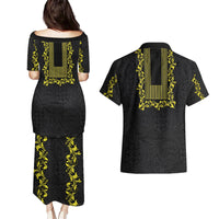 Philippines Polynesian Floral Pattern Couples Matching Puletasi and Hawaiian Shirt With Barong Tagalog Black Style