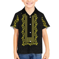 Philippines Polynesian Floral Pattern Family Matching Off The Shoulder Long Sleeve Dress and Hawaiian Shirt With Barong Tagalog Black Style