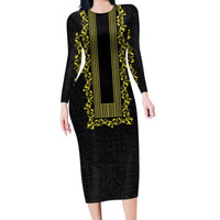 Philippines Polynesian Floral Pattern Long Sleeve Bodycon Dress With Barong Tagalog Black Style
