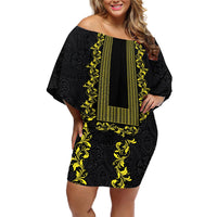 Philippines Polynesian Floral Pattern Off Shoulder Short Dress With Barong Tagalog Black Style