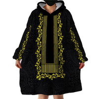 Philippines Polynesian Floral Pattern Wearable Blanket Hoodie With Barong Tagalog Black Style
