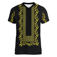 Philippines Polynesian Floral Pattern Women V-Neck T-Shirt With Barong Tagalog Black Style