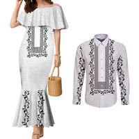 Philippines Polynesian Floral Pattern Couples Matching Mermaid Dress and Long Sleeve Button Shirt With Barong Tagalog White Style