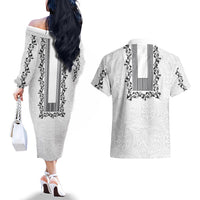 Philippines Polynesian Floral Pattern Couples Matching Off The Shoulder Long Sleeve Dress and Hawaiian Shirt With Barong Tagalog White Style