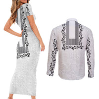 Philippines Polynesian Floral Pattern Couples Matching Short Sleeve Bodycon Dress and Long Sleeve Button Shirt With Barong Tagalog White Style