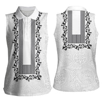 Philippines Polynesian Floral Pattern Women Sleeveless Polo Shirt With Barong Tagalog White Style