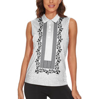 Philippines Polynesian Floral Pattern Women Sleeveless Polo Shirt With Barong Tagalog White Style