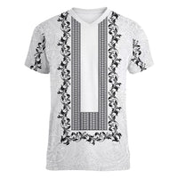 Philippines Polynesian Floral Pattern Women V-Neck T-Shirt With Barong Tagalog White Style